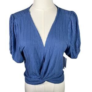 O'Neill Hilda Blue Puff Sleeve Textured Wrap Front Crop Top Size‎ Large New